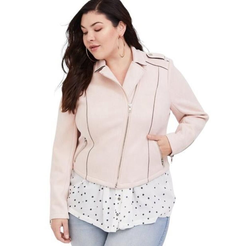 Torrid Plus Size 2X Suede Moto Jacket Light Pink Full‎ Zip Long Sleeve 1642